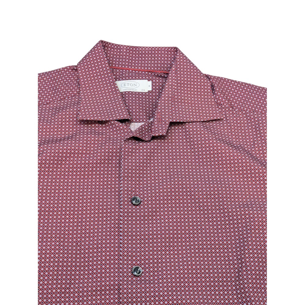 Eton Dress Shirt Men's Medium Red‎ Geometric Print Cotton Contemporary Fit